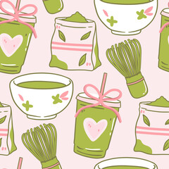 Cotton fabric Seamless pattern with hand drawn matcha green tea bowls whisks and tea bags with pink ribbons and hearts in a cute cozy whimsical style for textile and wrapping paper