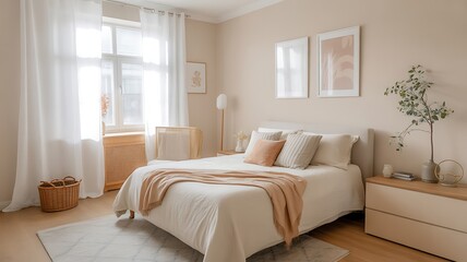 Fototapeta premium Cozy modern bedroom with white bed and warm beige tones