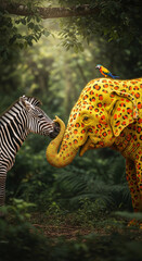 Fototapeta premium Image shows zebra touching trunk of leopard-spotted elephant, with macaw on its head, in jungle, symbolizing friendship and fantasy in nature