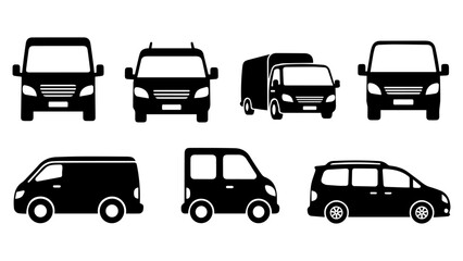 Fototapeta premium Modern Black Filled Van Vector Icon Set – 7 Minimal Flat Transportation Icons