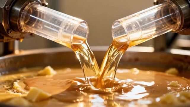 Filtered cocoa butter flows through transparent piping capturing purity during hydraulic pressing phase in artisanal chocolate production.