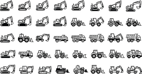 Construction vehicle icons, excavator, bulldozer, dump truck, front loader, backhoe, heavy machinery, industrial equipment, building site, black white illustration © Jamal