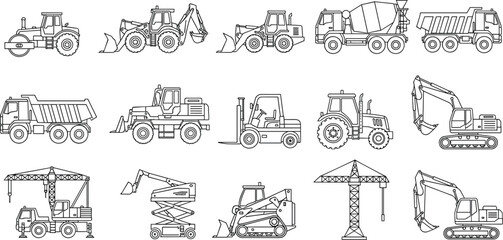 Construction vehicles illustration, heavy machinery, road roller, tractor, backhoe loader, front loader, cement mixer, dump truck, excavator, crane, industrial equipment © Jamal