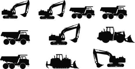 Construction vehicle silhouettes, excavator, bulldozer, dump truck, front loader, heavy equipment, earthmoving machinery, industrial site, building tools, engineering design, progress © Jamal