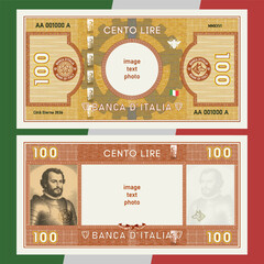 Vector obverse and reverse of new banknote. In Italian it means one hundred lire, bank of Italy. Play money. Denomination 100. Seals, head wolf and bee. Engraving knight in armour. Sample of bill