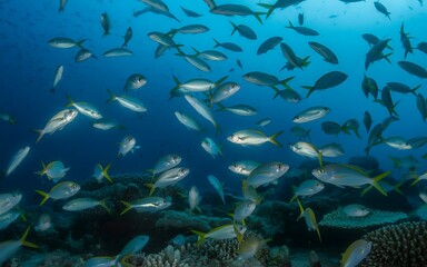 Obraz premium School of vibrant yellowfin fish swimming in coral reef