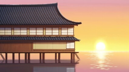 Traditional Japanese House on Stilts at Sunset