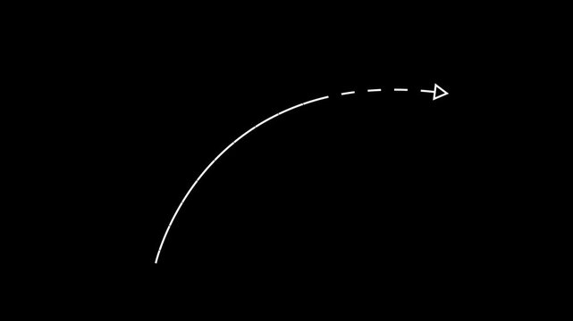 Abstract white dashed arrow on black screen. Curved and up Arrow motion animation path on a black background.