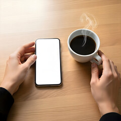 Smart Technology Break: A person's hands delicately hold a smartphone with a blank screen, alongside a steaming cup of coffee on a wooden table, offering a moment of tech integration and relaxation.