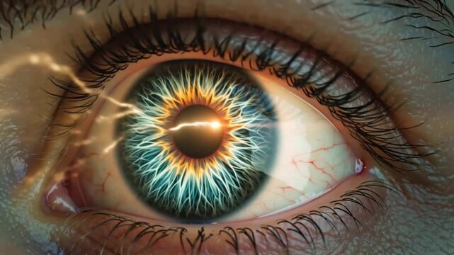 Advanced cinematic medical animation light rays entering human eye passing cornea pupil lens focusing retina, neural signals traveling optic nerve brain, glowing data visualization, dark tech medical