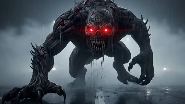 Terrifying monster on street at night stepping from mist destroying city