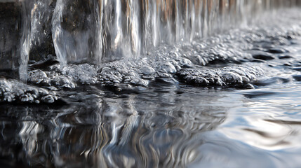 A stream of water is flowing down a wall. The water is clear and has a silvery sheen