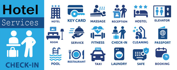 Hotel Services and Amenities Icon Collection – 18 Labeled Symbols © MdAshraf