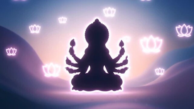 Mystical Silhouette of a Multi-Armed Deity Meditating Amidst Glowing Lotuses.