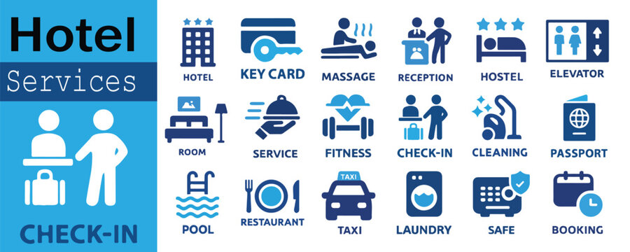 Hotel Services and Amenities Icon Collection &ndash; 18 Labeled Symbols