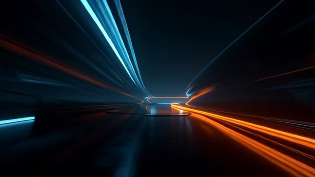 High speed motion blur of a car driving through a dark tunnel with neon lights.
