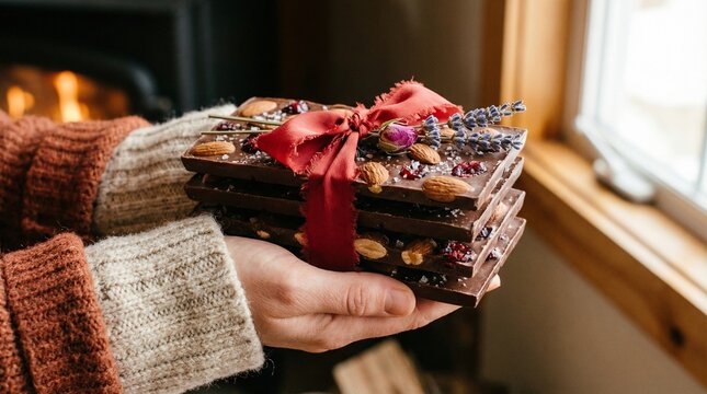 Close up of hands holding stack of homemade chocolate bark with almonds and berries tied with red ribbon.
