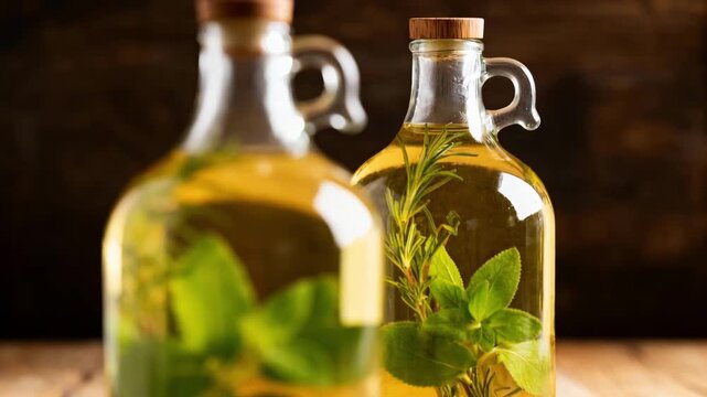 Medium shot capturing fresh herbs submerged in transparent vinegar inside glass demijohns highlighting green leaves and aromatic infusion.