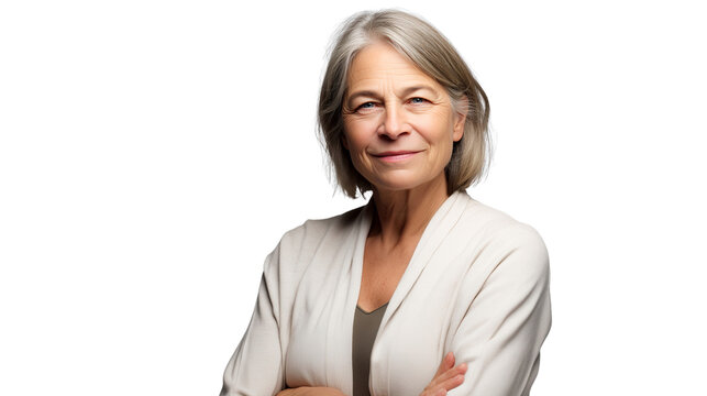 Senior business woman professional portrait confident smile, gray hair elegant blazer. Mature female executive successful leadership corporate lifestyle. Graceful aging isolated transparent background