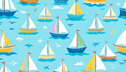 Seamless pattern of colorful sailboats on a light blue background.