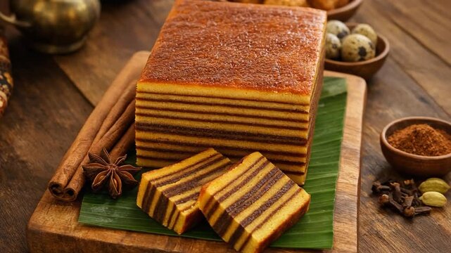 Traditional layered Indonesian cake sliced on a wooden board with spices, presented as a rich, aromatic dessert showcasing cultural heritage and artisanal baking.