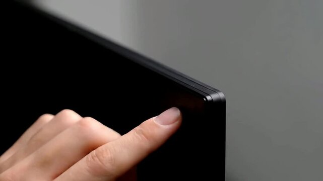 Black Minimalist Device Closeup or Silver Device Touch Sensor Finger Interaction