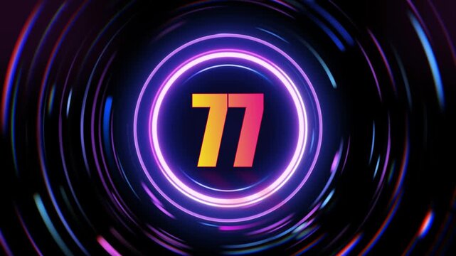 Neon lit 77 number sign animation with colorful gradient effect on dark background