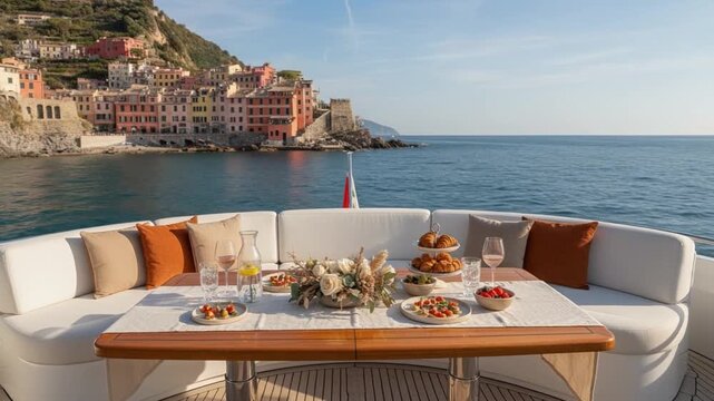 Luxury seaside dining table set on a yacht terrace overlooking colorful coastal village and calm blue sea, capturing an elegant summer vacation lifestyle.