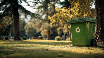 Fototapeta premium A green recycling bin stands amidst a tranquil park, surrounded by vibrant trees and soft grass, symbolizing eco-friendliness and sustainability.