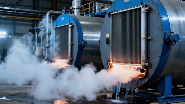 Medium shot capturing highefficiency boilers in action demonstrating heat recapture from process vapors to improve industrial steam generation.
