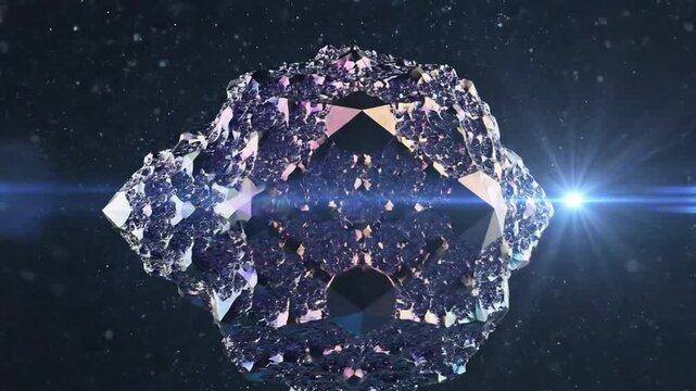 Abstract geometric shape with iridescent surface in dark space