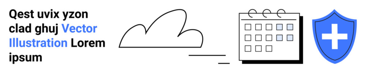 Fototapeta premium Cloud computing, healthcare security, scheduling tools, data protection, online planning, medical technology. Calendar, cloud and shield with a cross symbol. Healthcare security and cloud computing