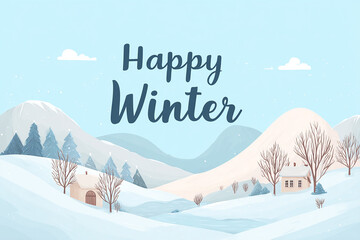 Beautiful serene winter mountain landscape scene featuring snow-covered peaks and a clear sky, with &ldquo;Happy Winter&rdquo; text overlay. . made with generative AI
