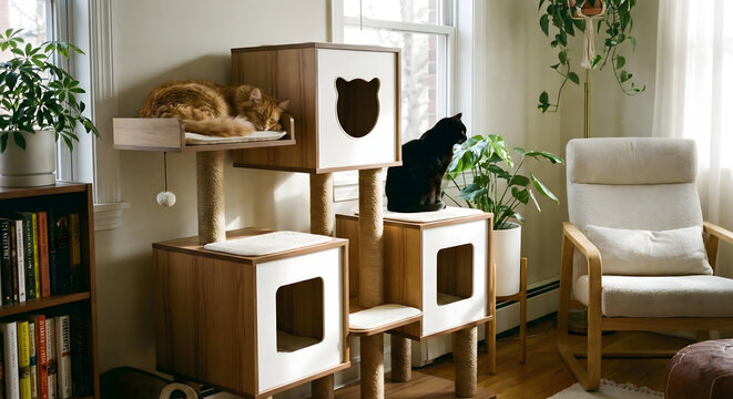 Two Cats Relaxing on Modern Wooden Cat Tree Tower in Cozy Living Room