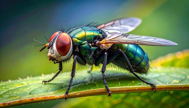 Detailed Close-Up of a Vibrant Green Blow Fly on Leaf.