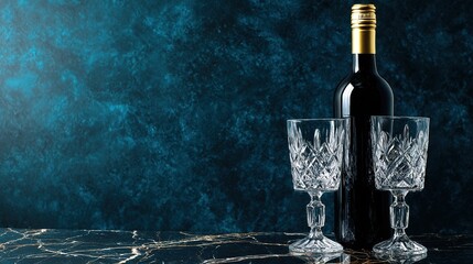 countertop. Elegant wine bottle and crystal-clear glasses on marble countertop with golden lighting. bar promotions, beverage menus, designed for food & beverage menus and cafe branding.