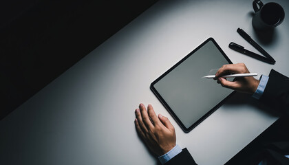 Businessman using digital stylus to draw or write on tablet device