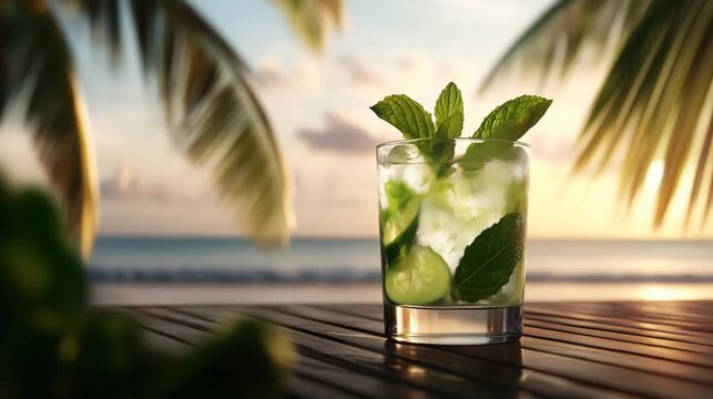 Mojito cocktail drink with lime ice cubes and mint, warm sun, mint leaves glowing, palm silhouettes and  ocean waves in background summer mood