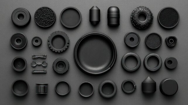 Diverse collection of black rubber industrial components, seals, gaskets, and mechanical parts. Flat lay on dark background.