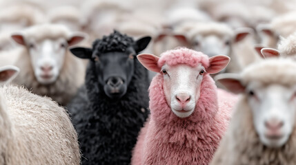Obraz premium Creative concept image of a pink sheep among a flock of white sheep. Symbol of individuality, uniqueness, nonconformity, standing out from the crowd, diversity and creative thinking.