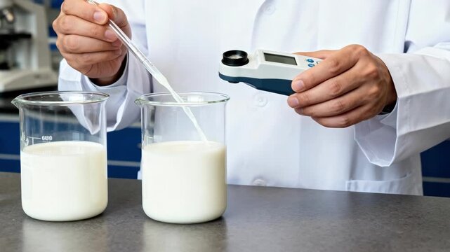 Closeup of glassware filled with fresh milk as a scientist measures acidity and fat content to ensure purity before cheese processing.