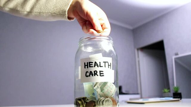 Health goal savings in labeled jar. Person contributing to Healthcare fund jar, representing wellness investment and proactive approach to medical expenses