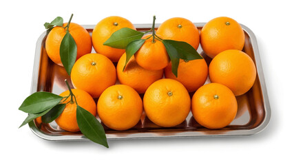 Fresh Oranges with Leaves on Tray.