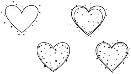 Valentine Black outline hearts with scattered small stars on transparent background