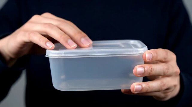 Clear Container Being Closed on Dark Background or Plastic Storage Box Being Handled on Neutral Surface