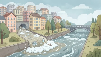 Foam Pollution in City River from Sewage Discharge