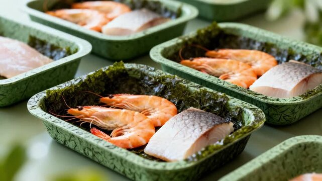 Medium framing of seaweedbased seafood trays emphasizing innovative renewable materials with natural green hues for sustainable food service containers.