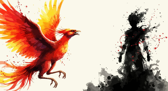 Majestic fiery phoenix bird facing a dark mysterious silhouette figure representing shadow transformation on white background
