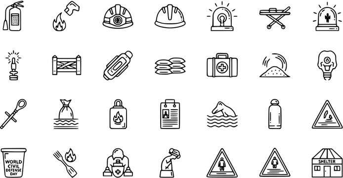 Civil Defense Icons: Fire Extinguisher, Helmet, Siren, Stretcher, Sandbags, First Aid, Shelter