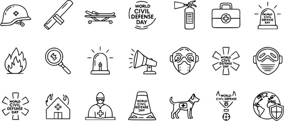 Fototapeta premium Civil Defense Day Icons: Safety, Emergency, Protection, and Rescue Symbols